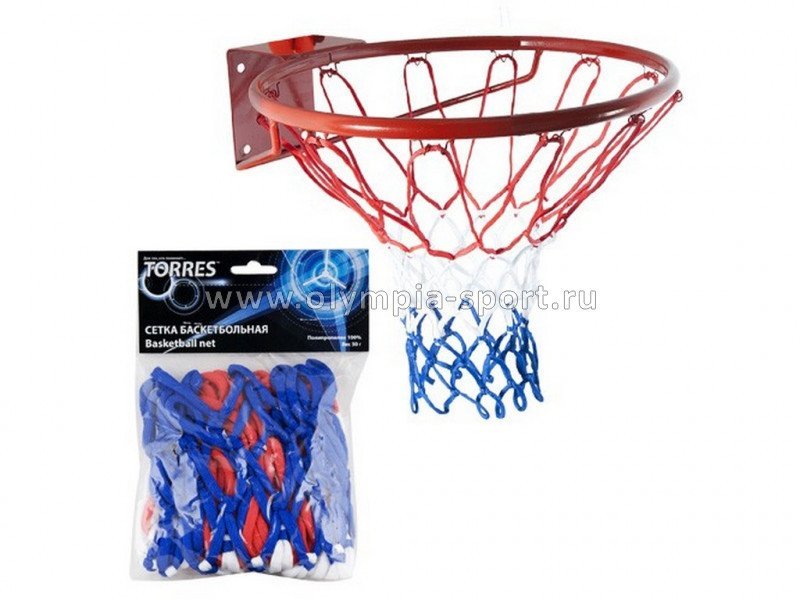 Сетка баскетбольная TORRES арт.SS11050, ПП, 4мм, дл.0,55м, вес 50гр, бело-сине-красная (1шт.)
