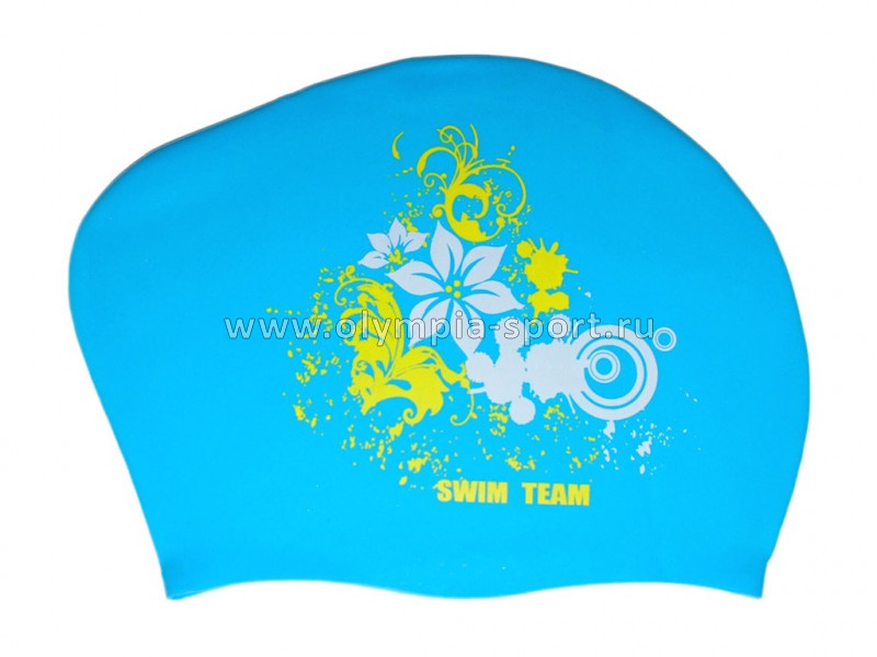 Шапочка для плавания Swim Team KW-F, для длинных волос, цветы (голубой)